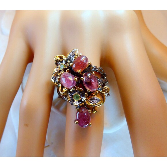 Natural Pink Tourmaline Emerald Oxidized Sterling Silver Ring Vine Botanical - Picture 6 of 7